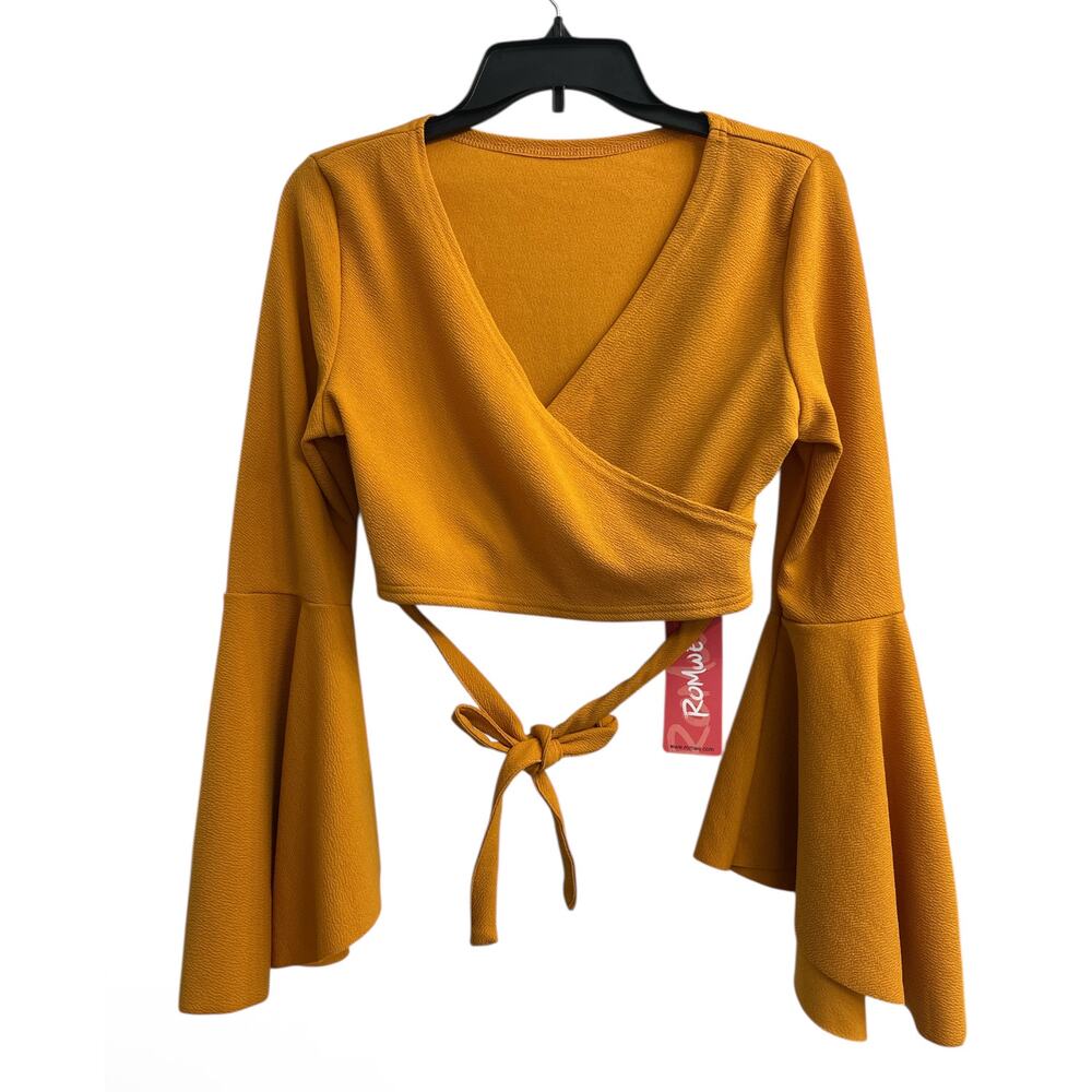 ROMWE Mustard Yellow Crop Top Bell Sleeve Over Lay Front Women’s Large Y2K Style